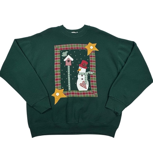 Fruit of the Loom Tops - Vintage Fruit of the Loom Snowman Christmas Sweatshirt Green Large Made in USA